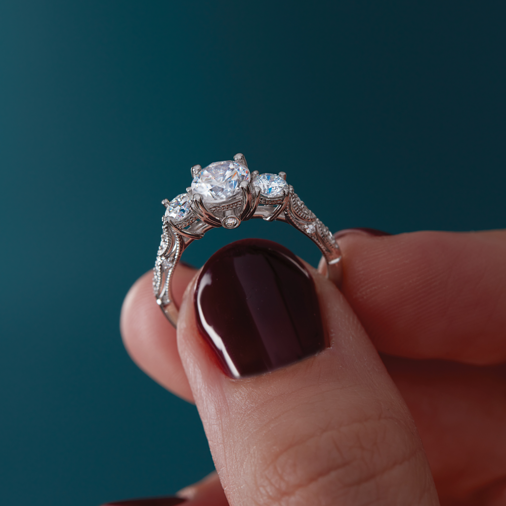 silver diamond ring in thumb and forefinger